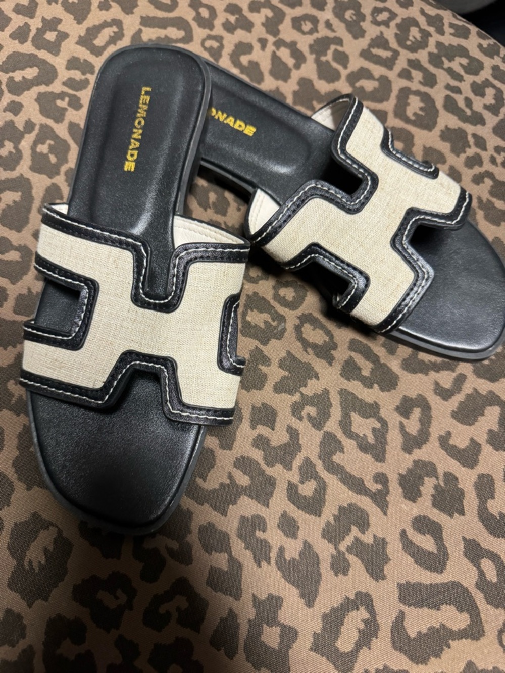 Lemon Black Slide Sandals with Cream Woven Upper